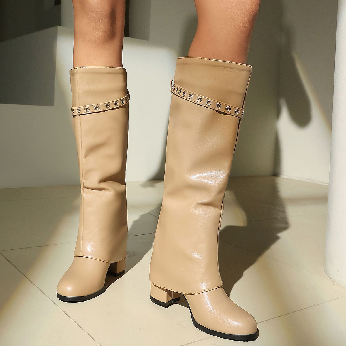 High Heel Chunky Large Size Slip-On Combat Boots for Women