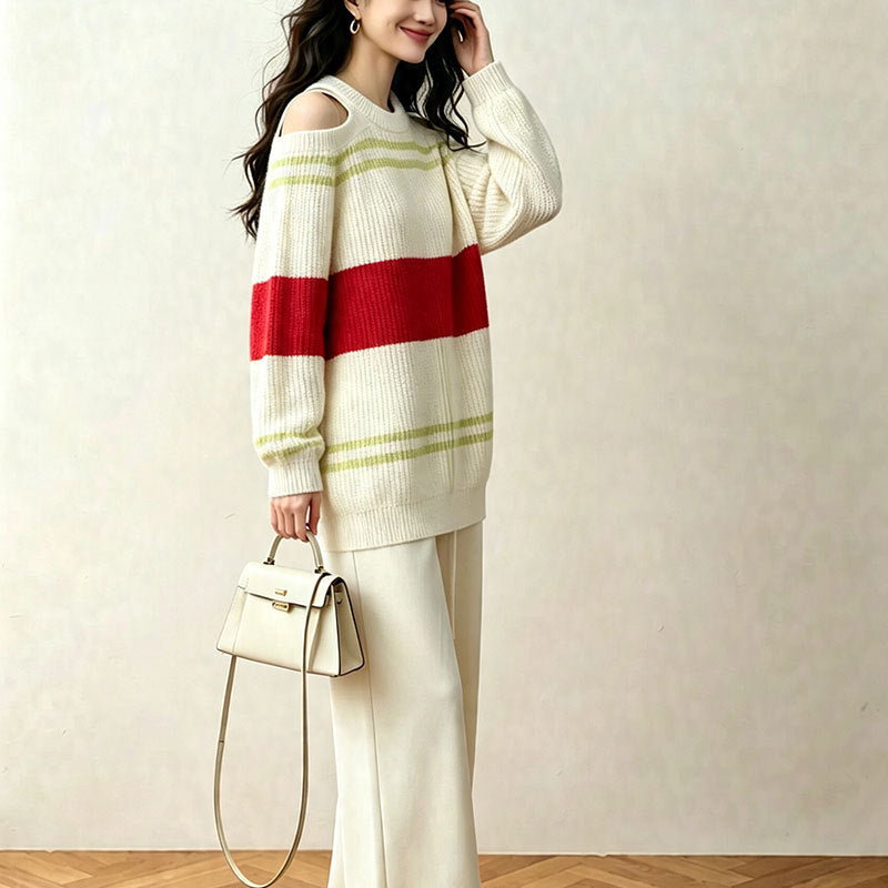 Round neck striped versatile contrasting simple knit sweater