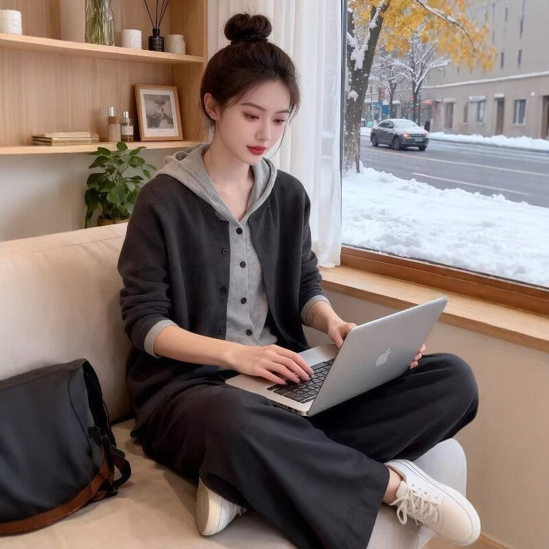 Laid-back Style Hooded Mock Two-Piece Knit Cardigan for Women, Oversized Loose Sweater Top