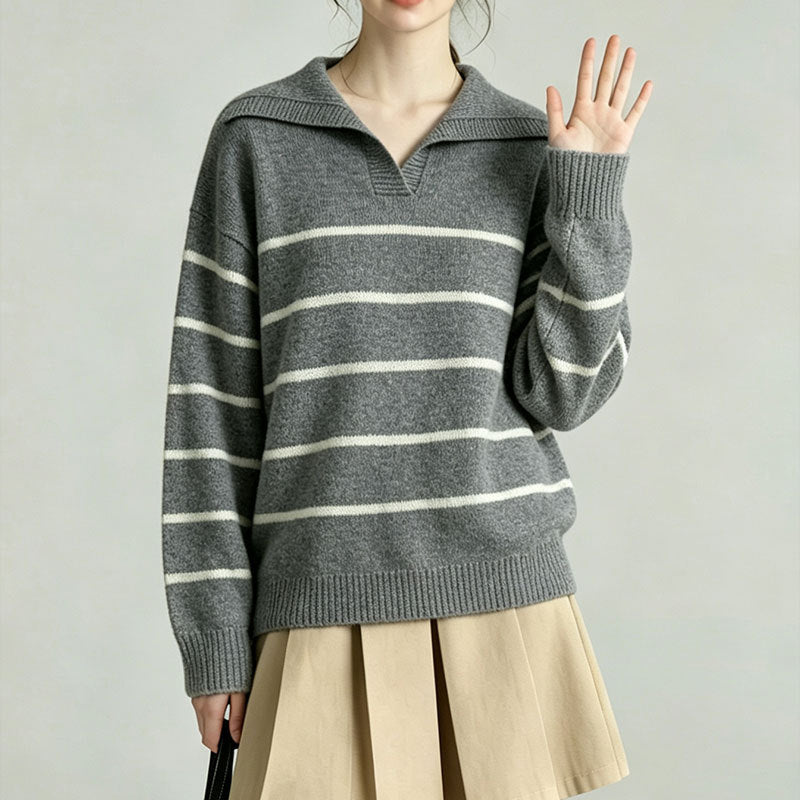 Polo collar striped versatile contrasting simple knit sweater