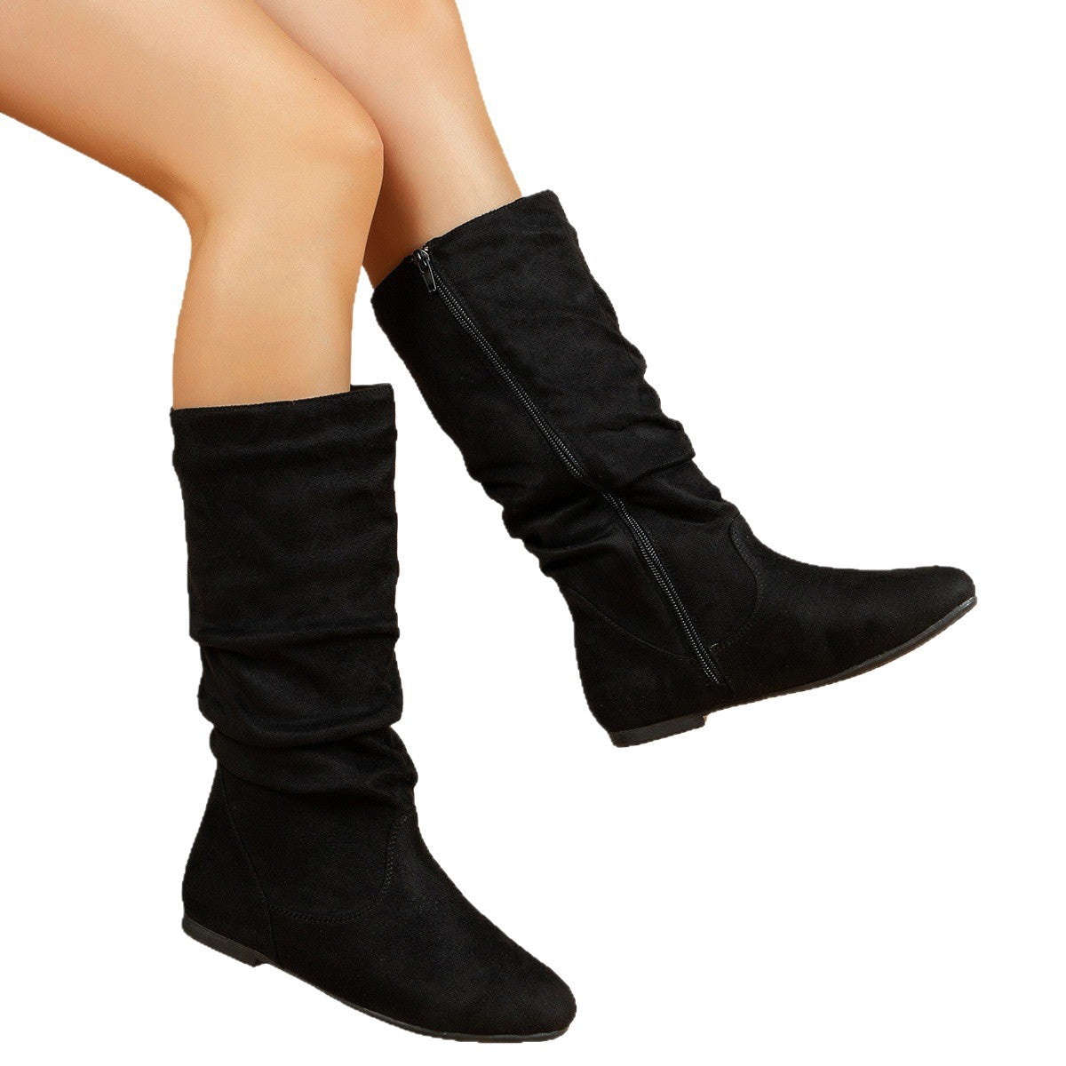 Casual Versatile Durable Comfortable Mid-Calf Boots Lightweight Pleated Side Zip Women's Leather Boots Flat Summer Boots