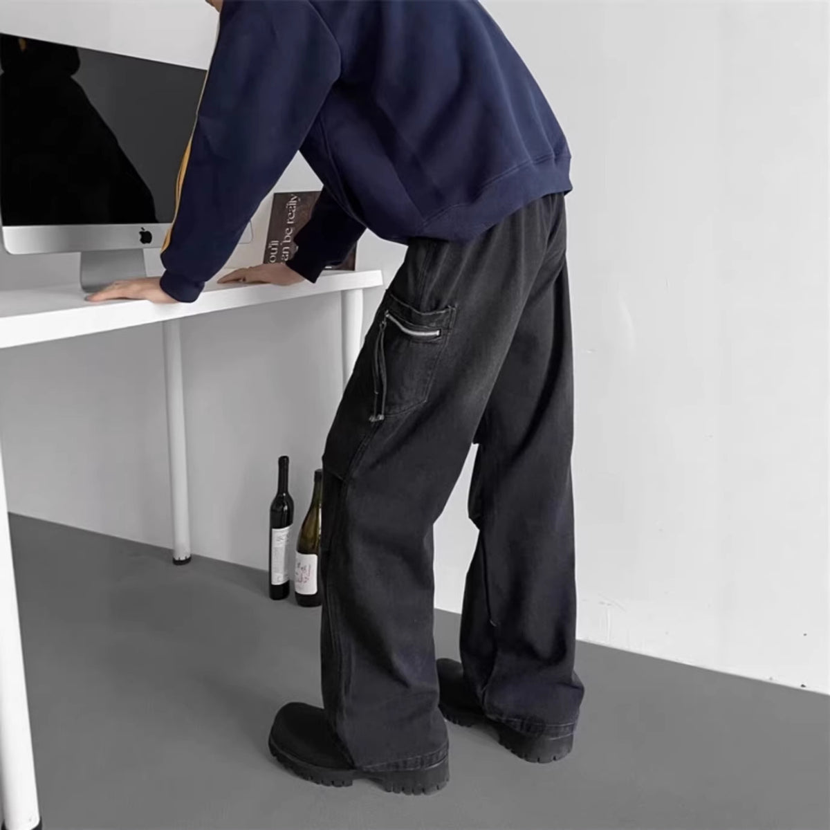 Wide Leg Cargo Denim Pants Men