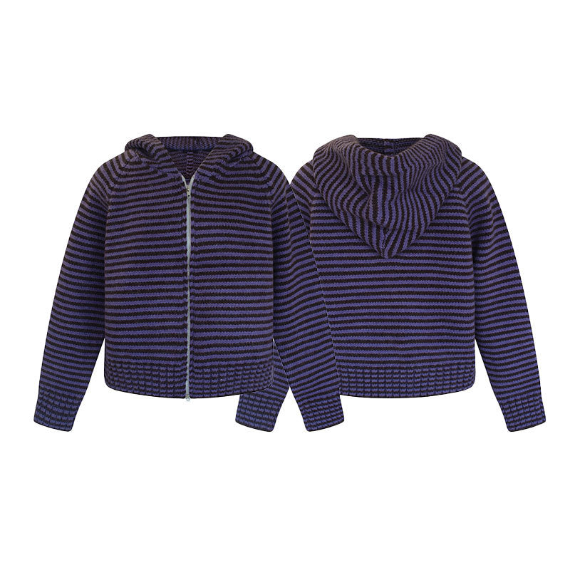 Striped versatile lazy style loose cardigan hooded knit sweater