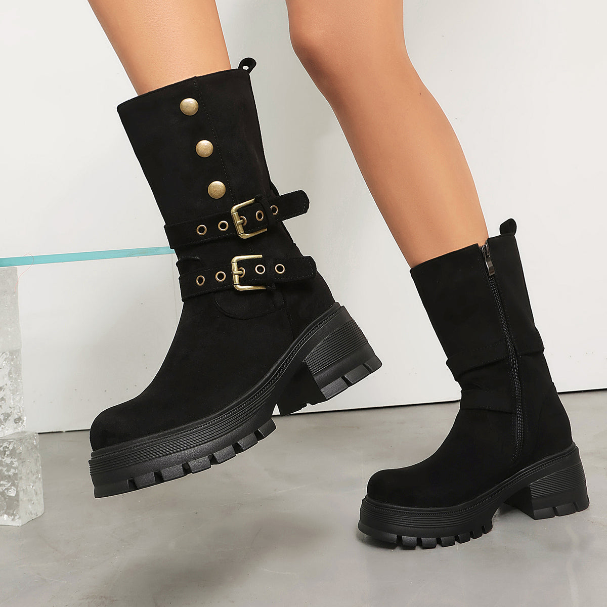 Supply Thick Sole High Heel Women's Boots Punk Style Belt Buckle Ankle Boots