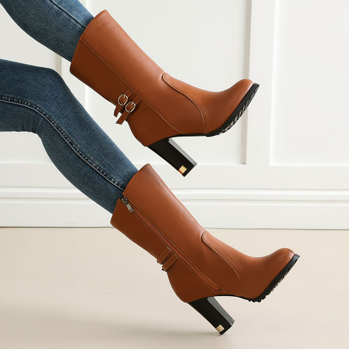 Fashion High-Heeled Mid-Calf Boots for Women, Solid Color with Side ZipperTrendy Autumn/Winter Style Made to order, ships in 7 days