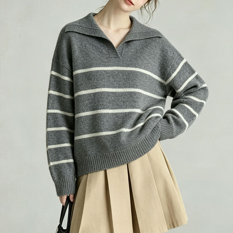 Polo collar striped versatile contrasting simple knit sweater