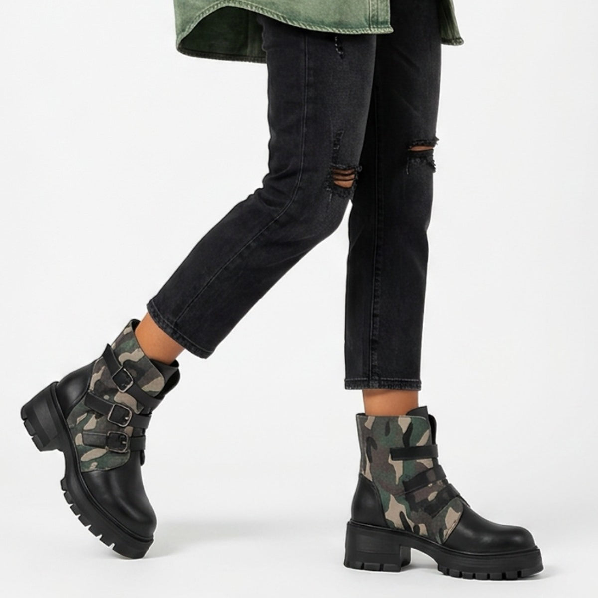 High Heel Thick Sole Belt Buckle Camouflage Low Cut Women's Boots Fashionable Large Made to order, ships in 7 days