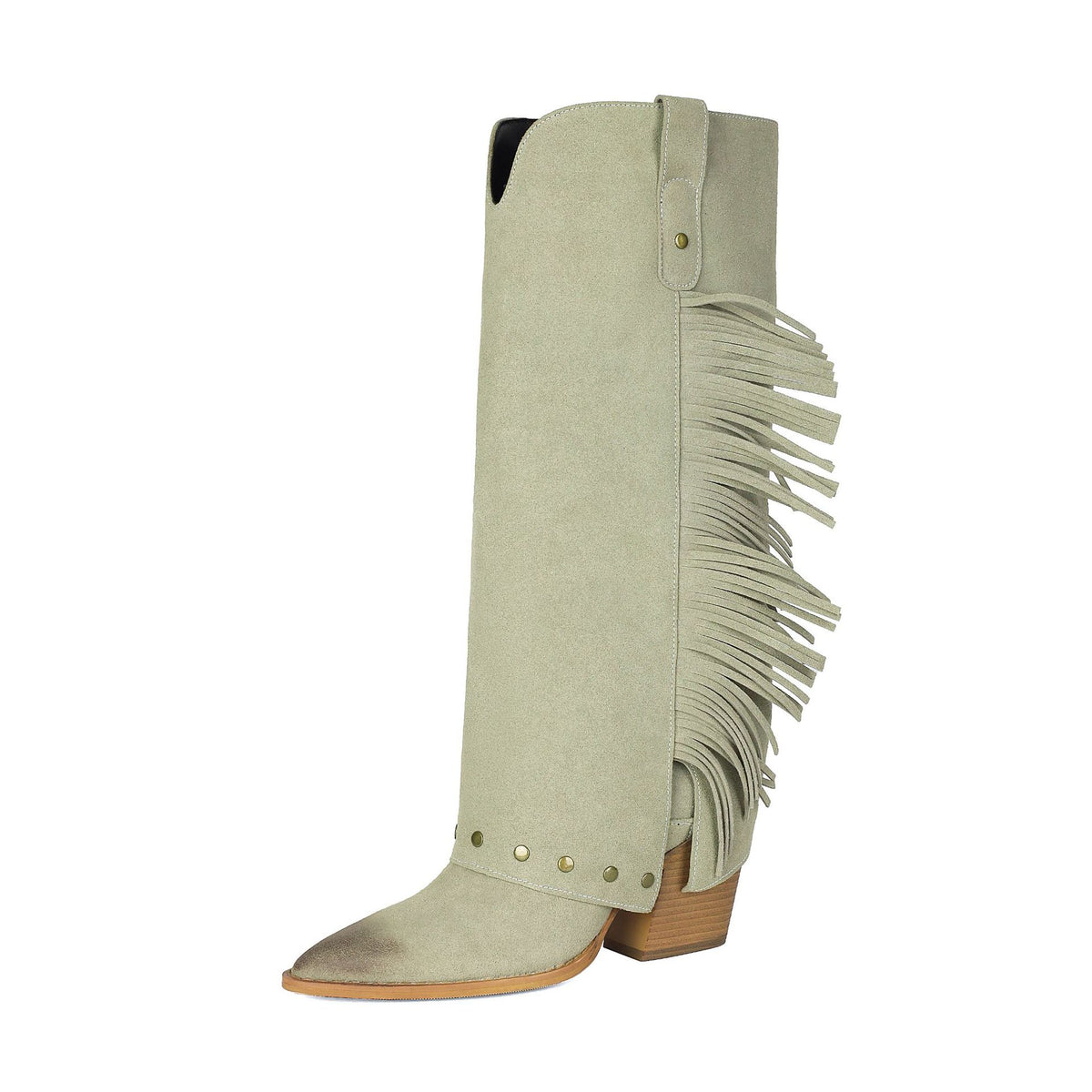 Fall Winter Western Boots for Women, Chunky High Heel, Pointed Toe, Tall Boot with Studs and Fringe Made to order, ships in 7 days