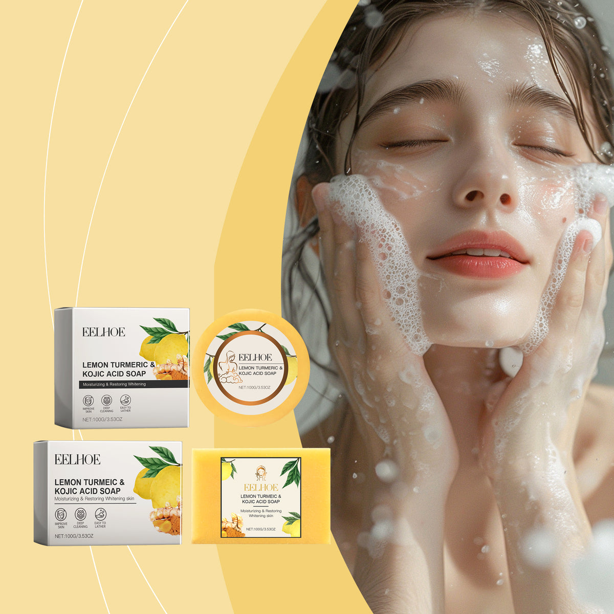 EELHOE Lemon Turmeric Acid Soap, Gently Cleanses, Moisturizes And Brightening Skin Square Cleanser
