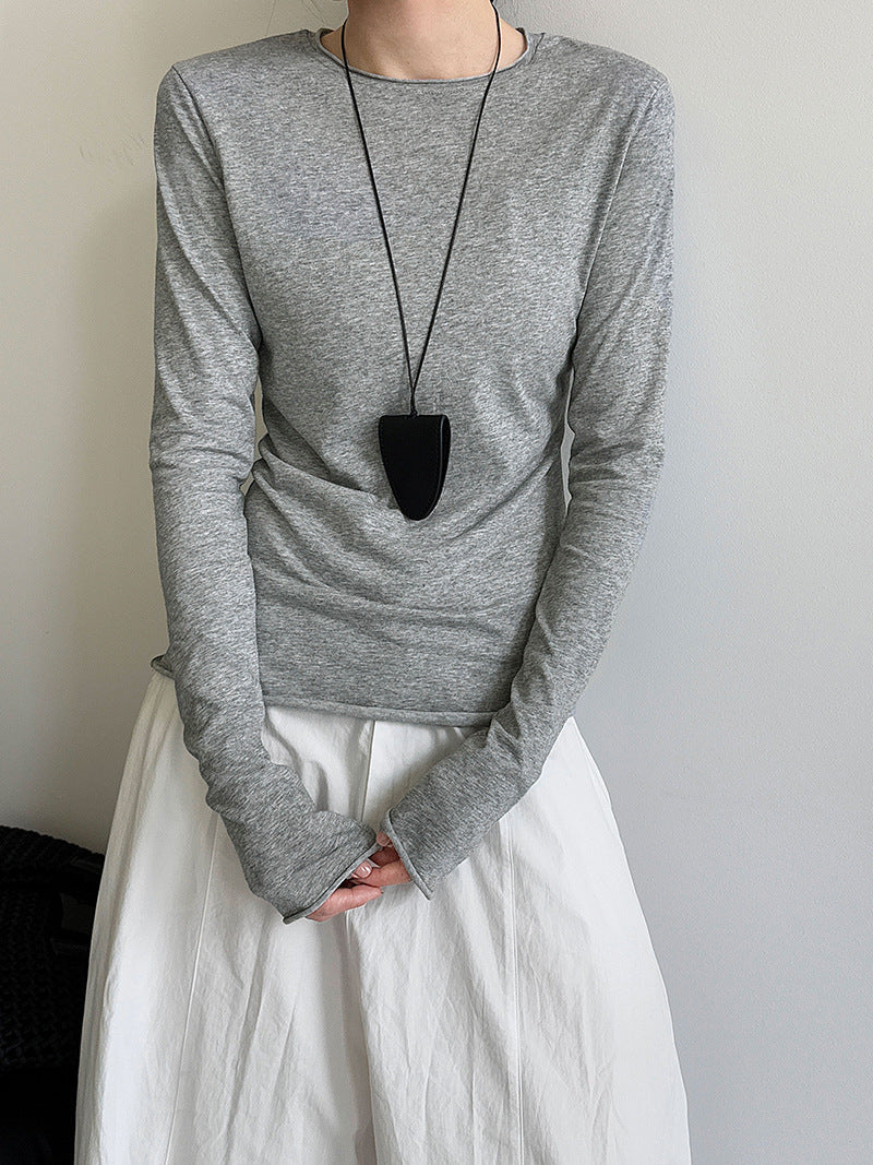 Versatile rolled-edge crew neck T-shirt, women's autumn new long sleeve inner wear slim fit top