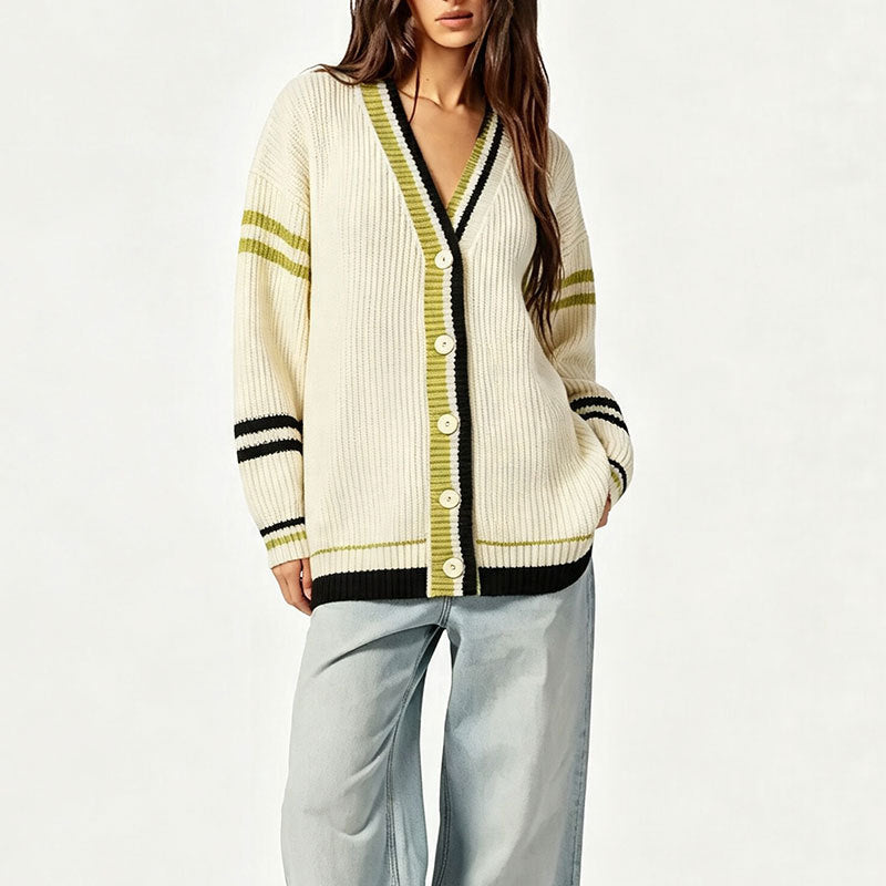 Versatile lazy style loose contrasting striped cardigan knit sweater