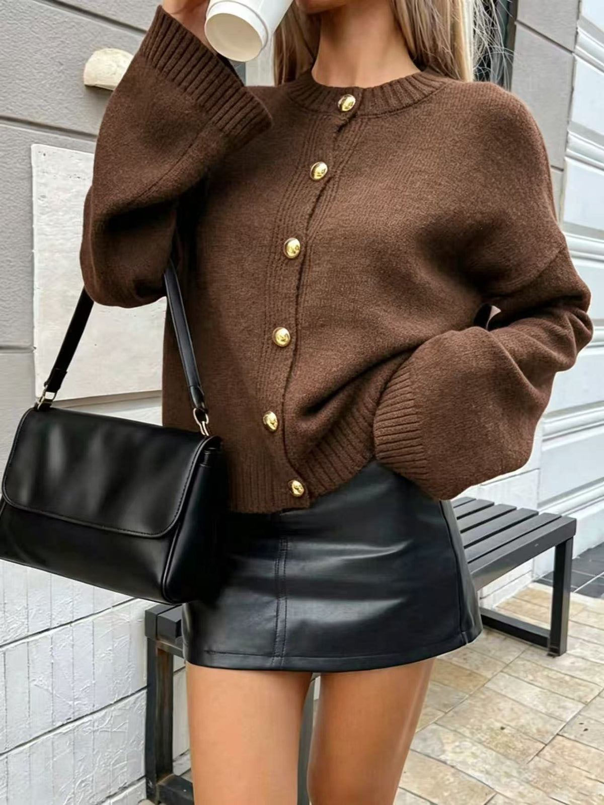 Women's Long Sleeve Knit Cardigan, Round Neck, Gold Button, Solid Color, Loose Fit Sweater Coat