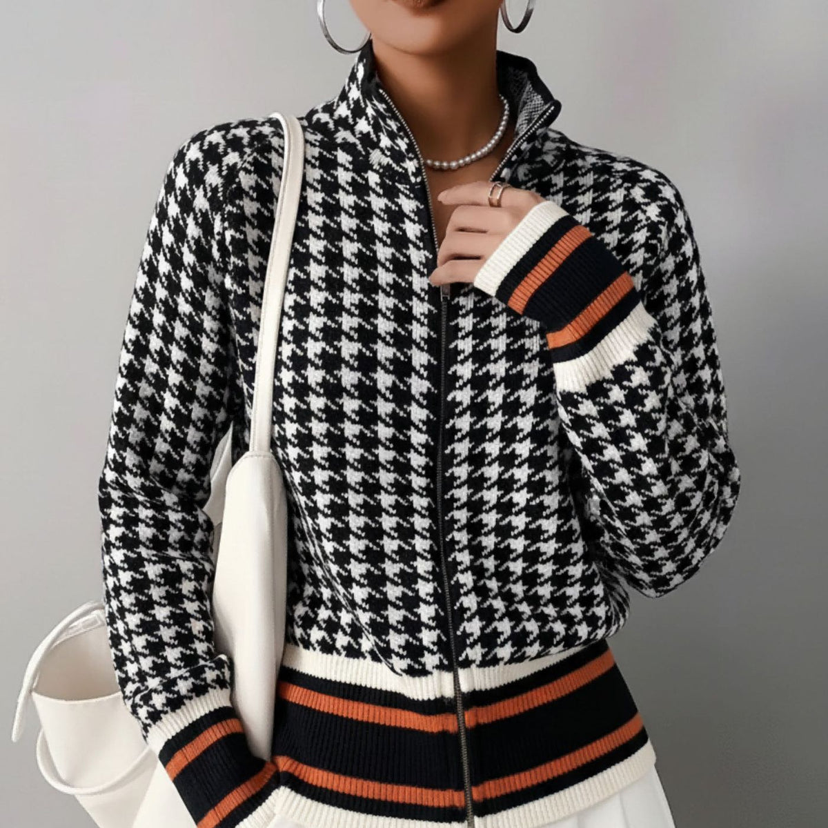 Chic Houndstooth Zip-Up Knit Cardigan for Women, Stand Collar, Color-Blocking, Slim Fit, Autumn/Winter Fashion Sweater Coat