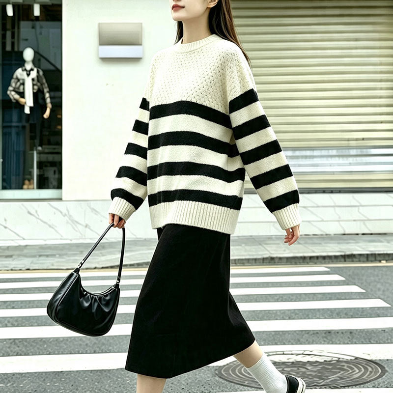 Round neck striped versatile contrasting simple knit sweater