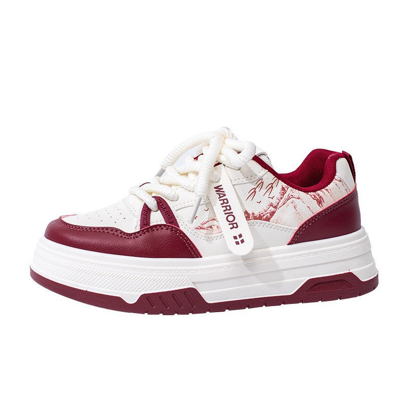Retro red landscape printed board shoes with cross straps and thick soles