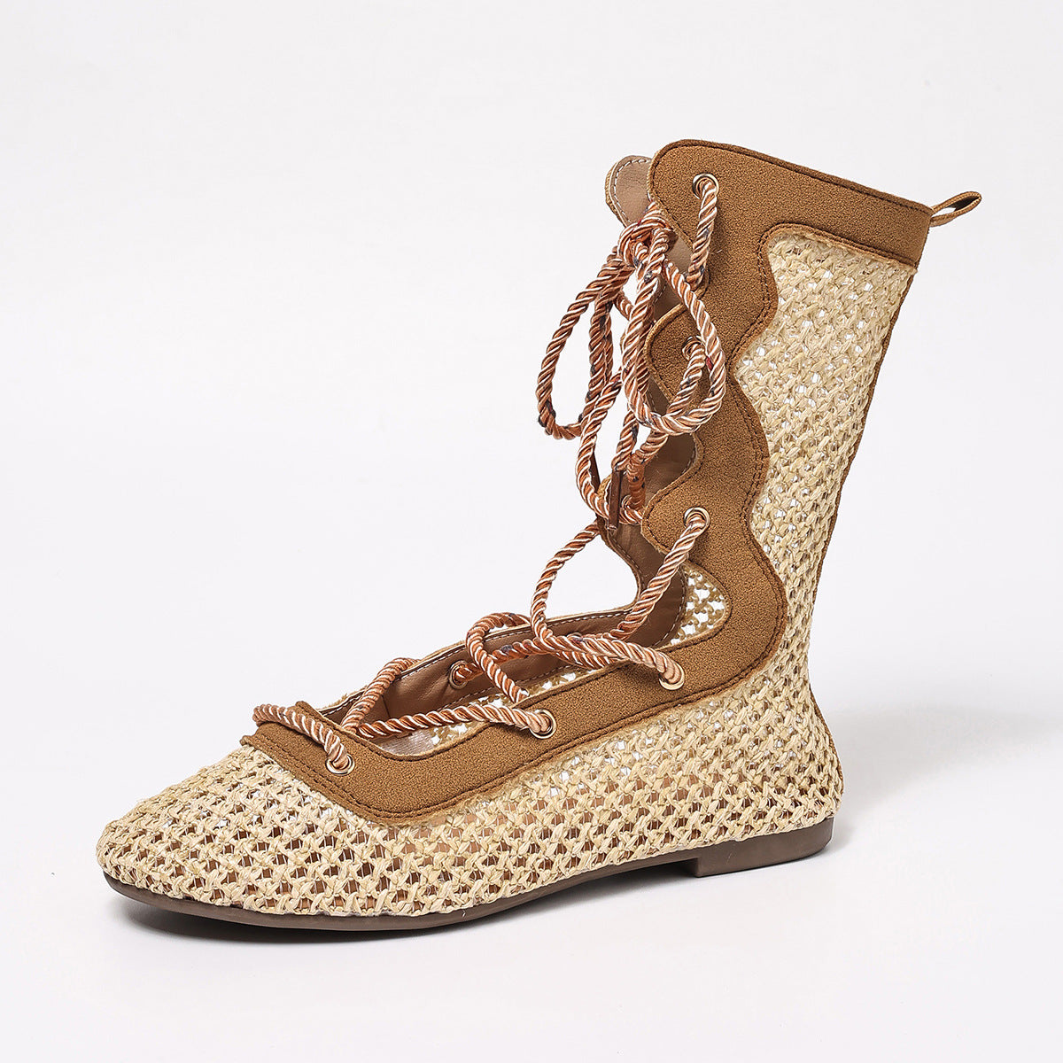Woven Mesh Elegant Commute Daily Mid-Calf Boots Flat Round Toe Fashion Women's Boots Plus Size Women's Boots Lace-Up Hollow Out