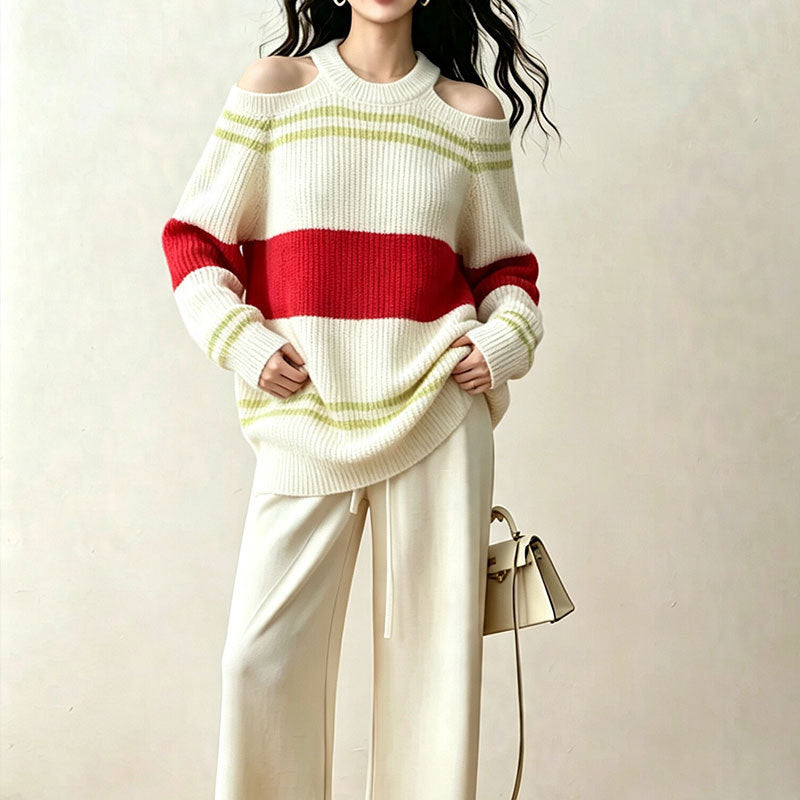 Round neck striped versatile contrasting simple knit sweater