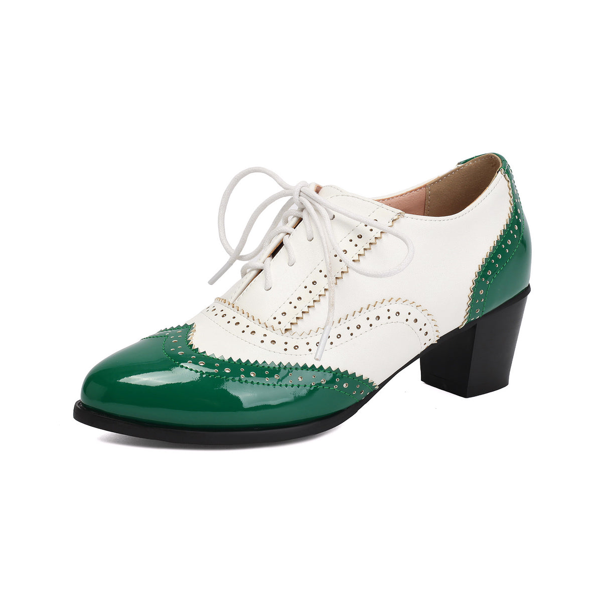 Autumn/Winter High Heel Chunky Heel Color Block Burnt Flower Front Lace-Up Brogue Shoes Made to order, ships in 7 days