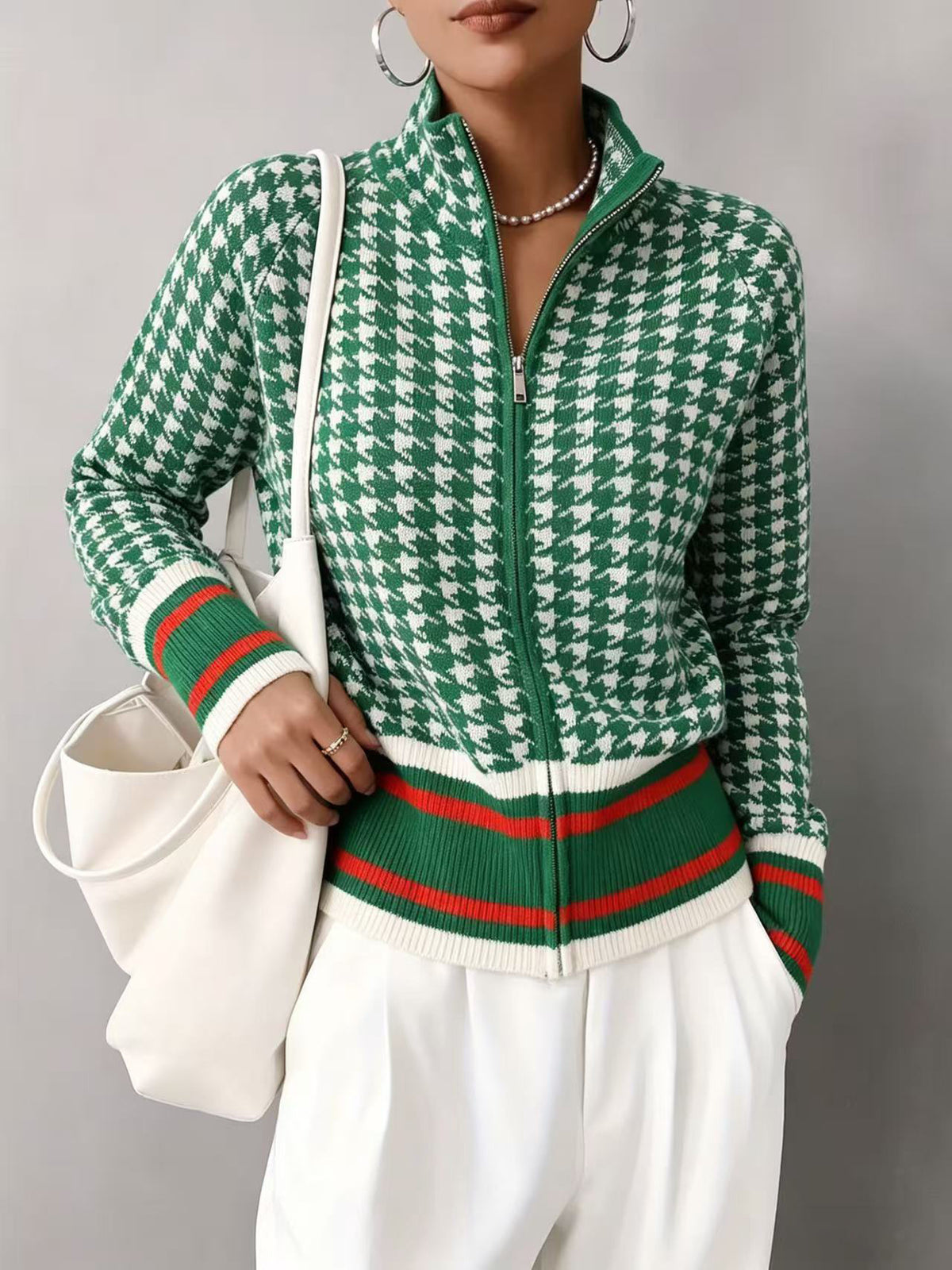 Chic Houndstooth Zip-Up Knit Cardigan for Women, Stand Collar, Color-Blocking, Slim Fit, Autumn/Winter Fashion Sweater Coat