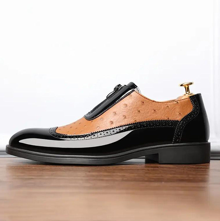 Embossed zipper pointed men's shiny leather Chelsea men's single shoes