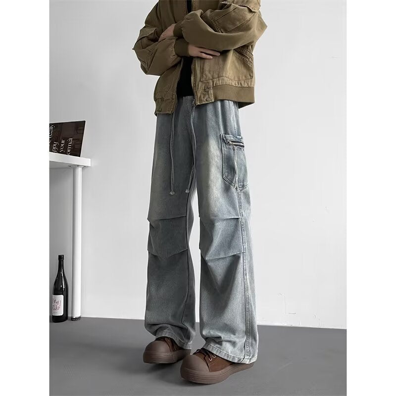Wide Leg Cargo Denim Pants Men