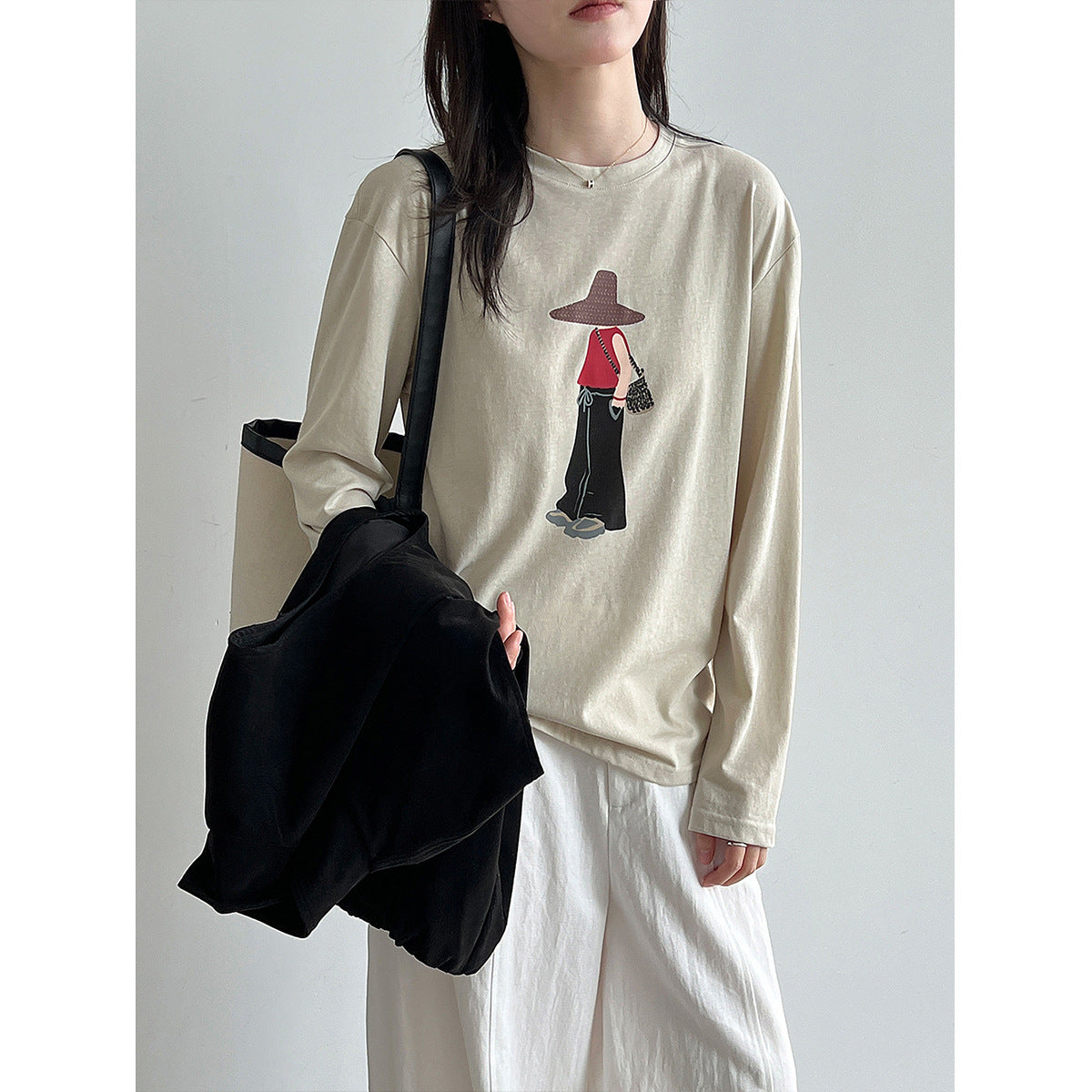 Printed Simple Versatile Round Neck Long Sleeve T-Shirt for Women Casual Basic Top