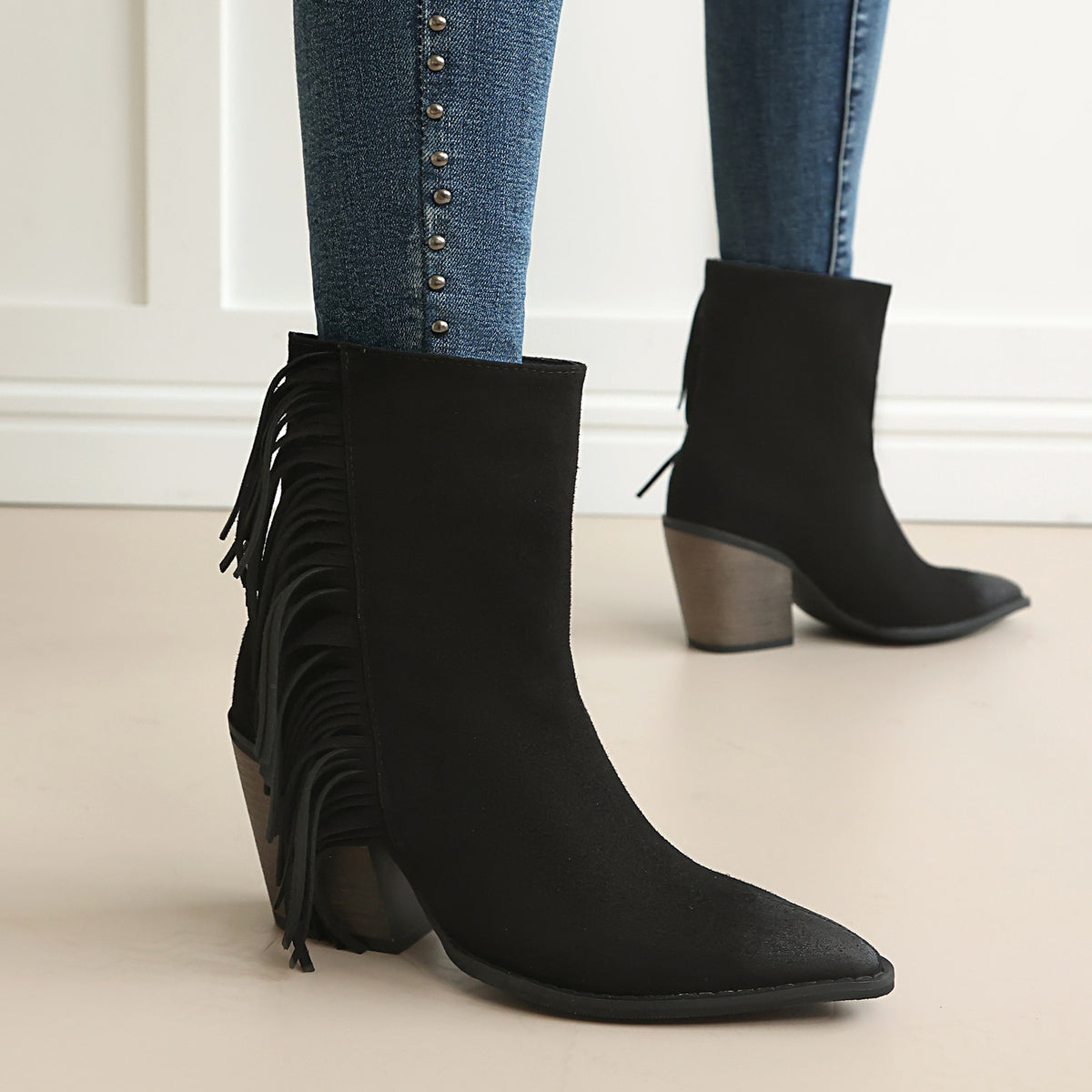 Western Style Ankle Boots for Women, Pointed Toe with Tassel, Chunky High Heel Made to order, ships in 7 days