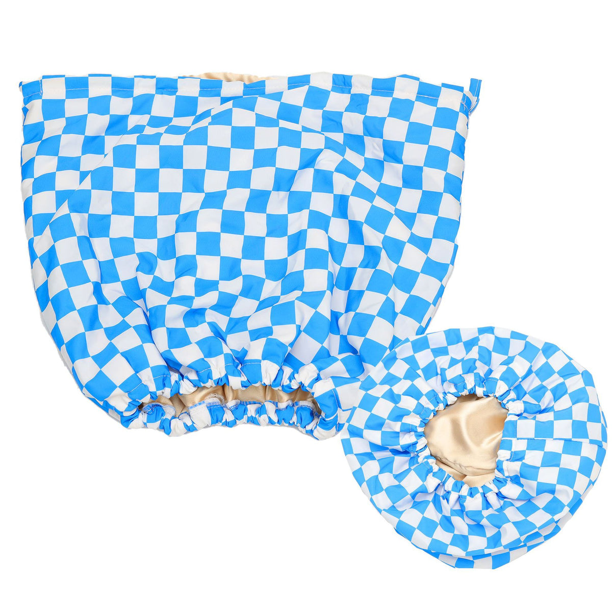 Waterproof Three-Layer Bath Cap with Silk-Like Lining and Checkered Design, Premium Hair Care Cap