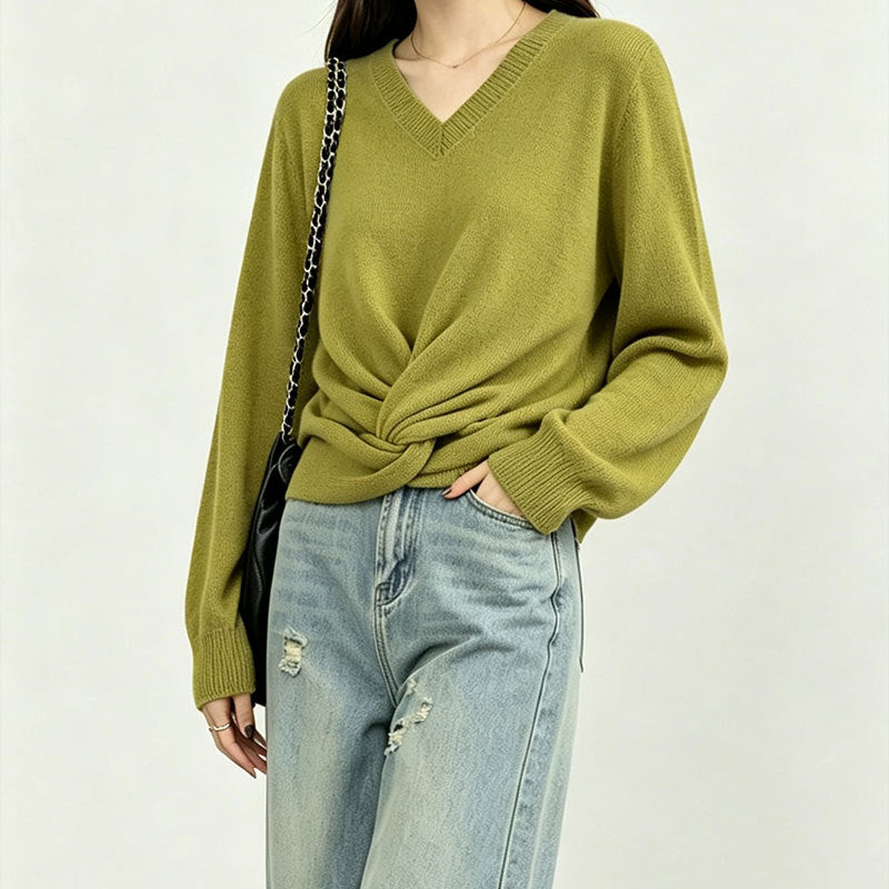 V-neck design versatile solid color simple knit sweater