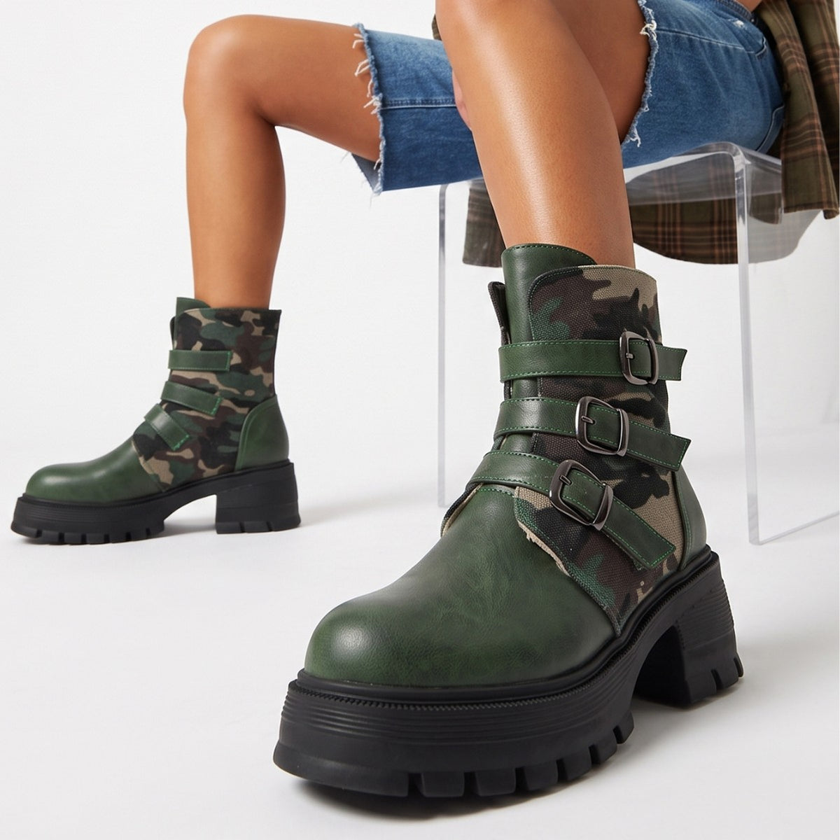 High Heel Thick Sole Belt Buckle Camouflage Low Cut Women's Boots Fashionable Large Made to order, ships in 7 days