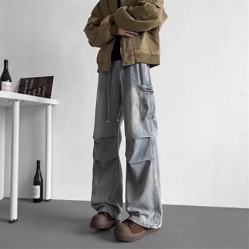 Wide Leg Cargo Denim Pants Men