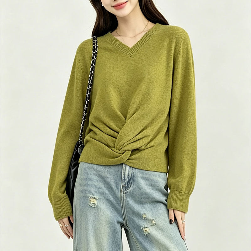 V-neck design versatile solid color simple knit sweater