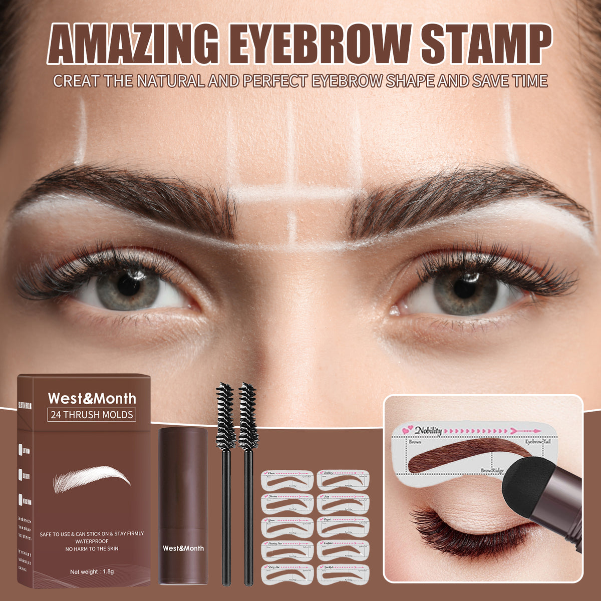 West&month 24 Thrush Molds, Lazy Brow Print Eyebrow Powder Set Durable Waterproof, Sweat Resistant, Makeup Free And Smudge