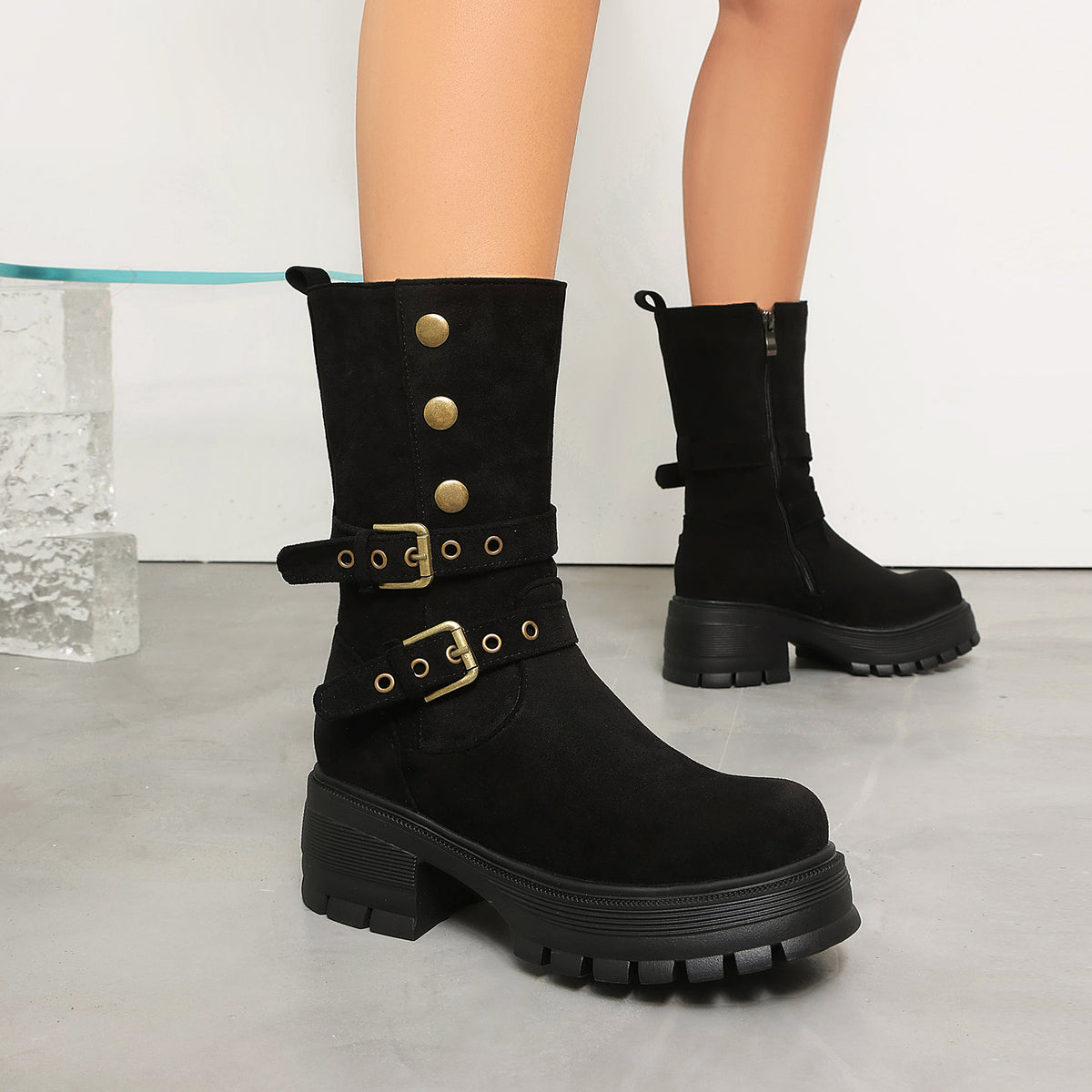 Supply Thick Sole High Heel Women's Boots Punk Style Belt Buckle Ankle Boots