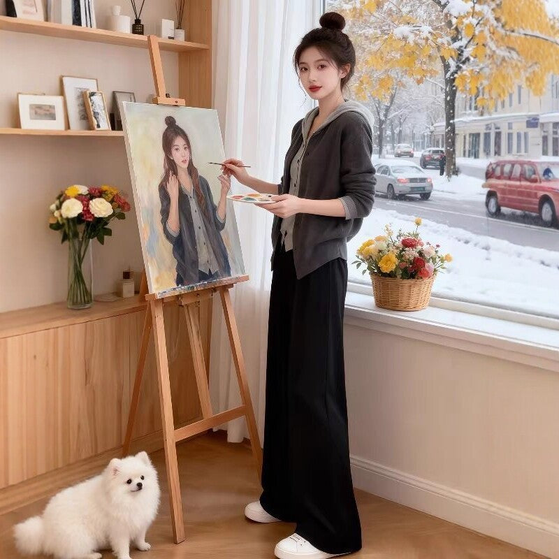Laid-back Style Hooded Mock Two-Piece Knit Cardigan for Women, Oversized Loose Sweater Top