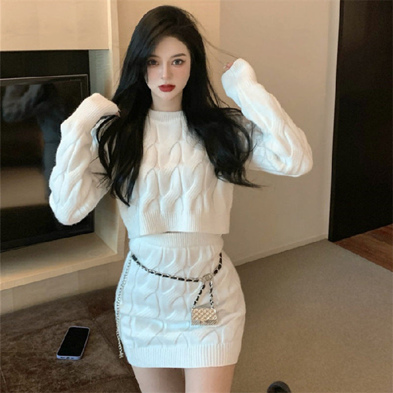 Cable Knit Sweater Set Lazy Style Thickened Dress for Women Fitted Long Sleeve High Waist Bodycon Mini Skirt Two-Piece Set