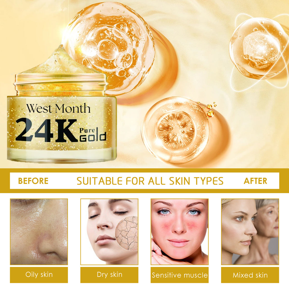 West Month 24k Pure Gold Collagen Face Cream, Lighten Lines Brighten Skin, Firm And Anti-wrinkle Cream