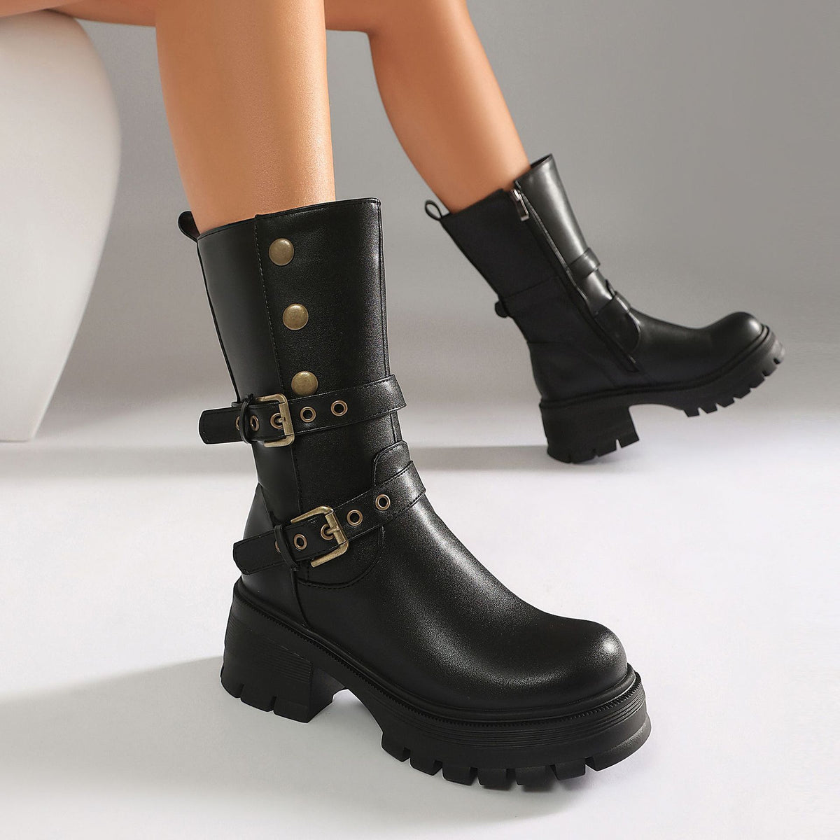 Supply Thick Sole High Heel Women's Boots Punk Style Belt Buckle Ankle Boots