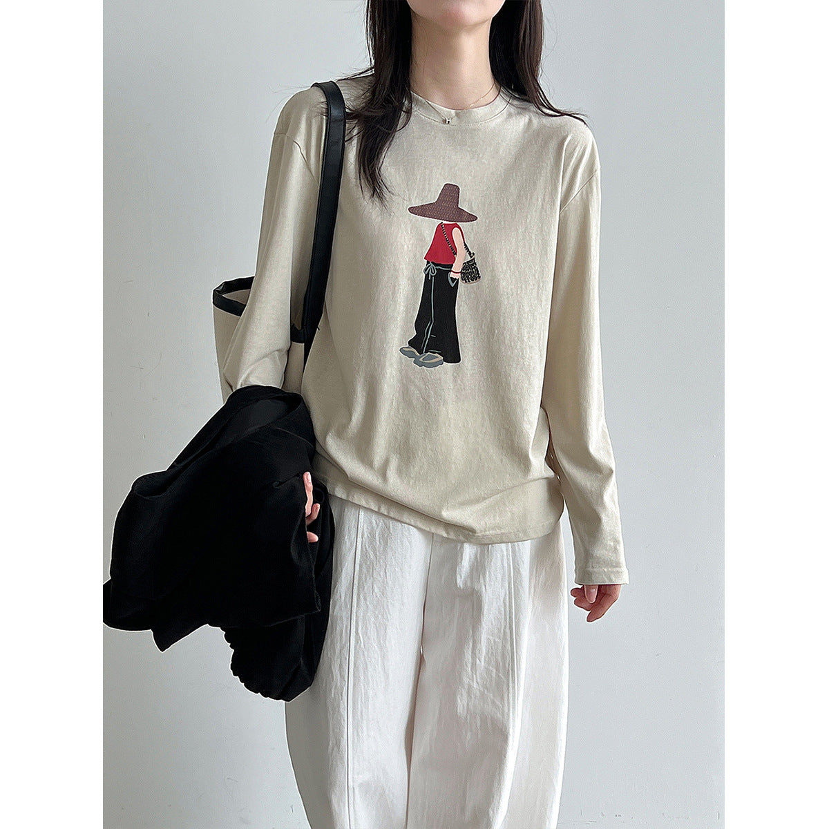 Printed Simple Versatile Round Neck Long Sleeve T-Shirt for Women Casual Basic Top