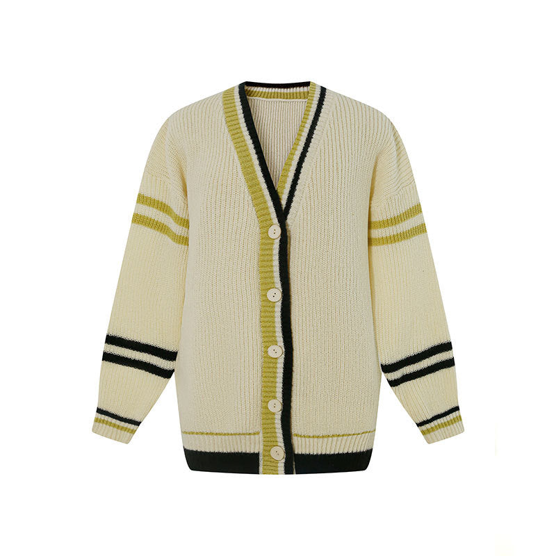 Versatile lazy style loose contrasting striped cardigan knit sweater