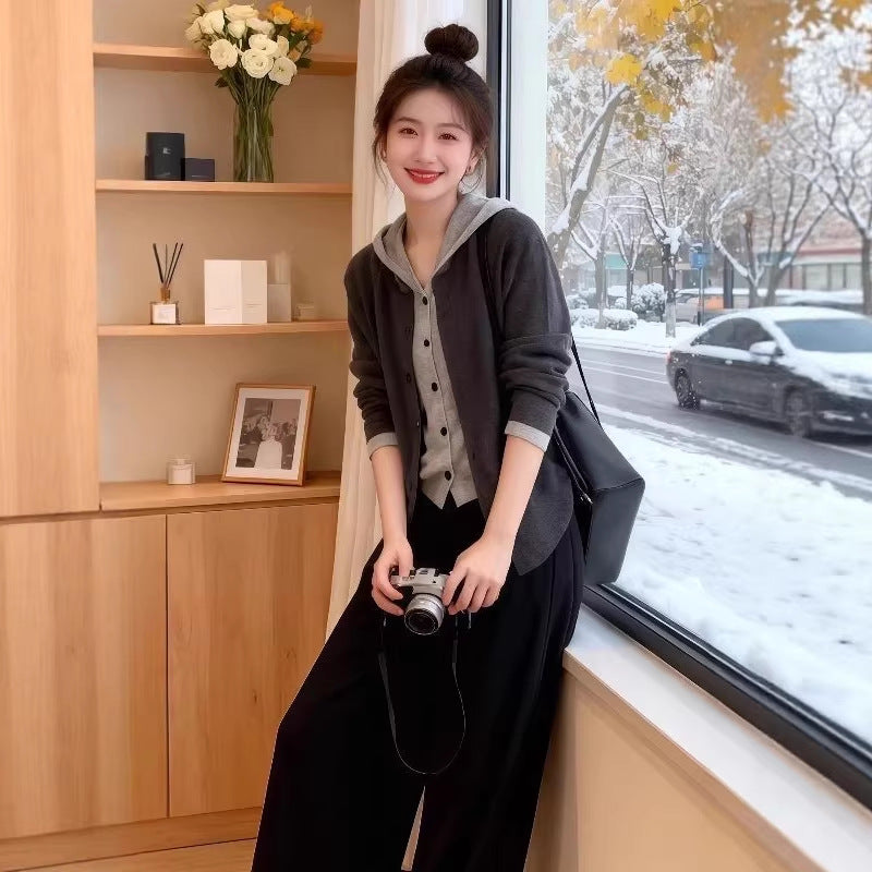 Laid-back Style Hooded Mock Two-Piece Knit Cardigan for Women, Oversized Loose Sweater Top