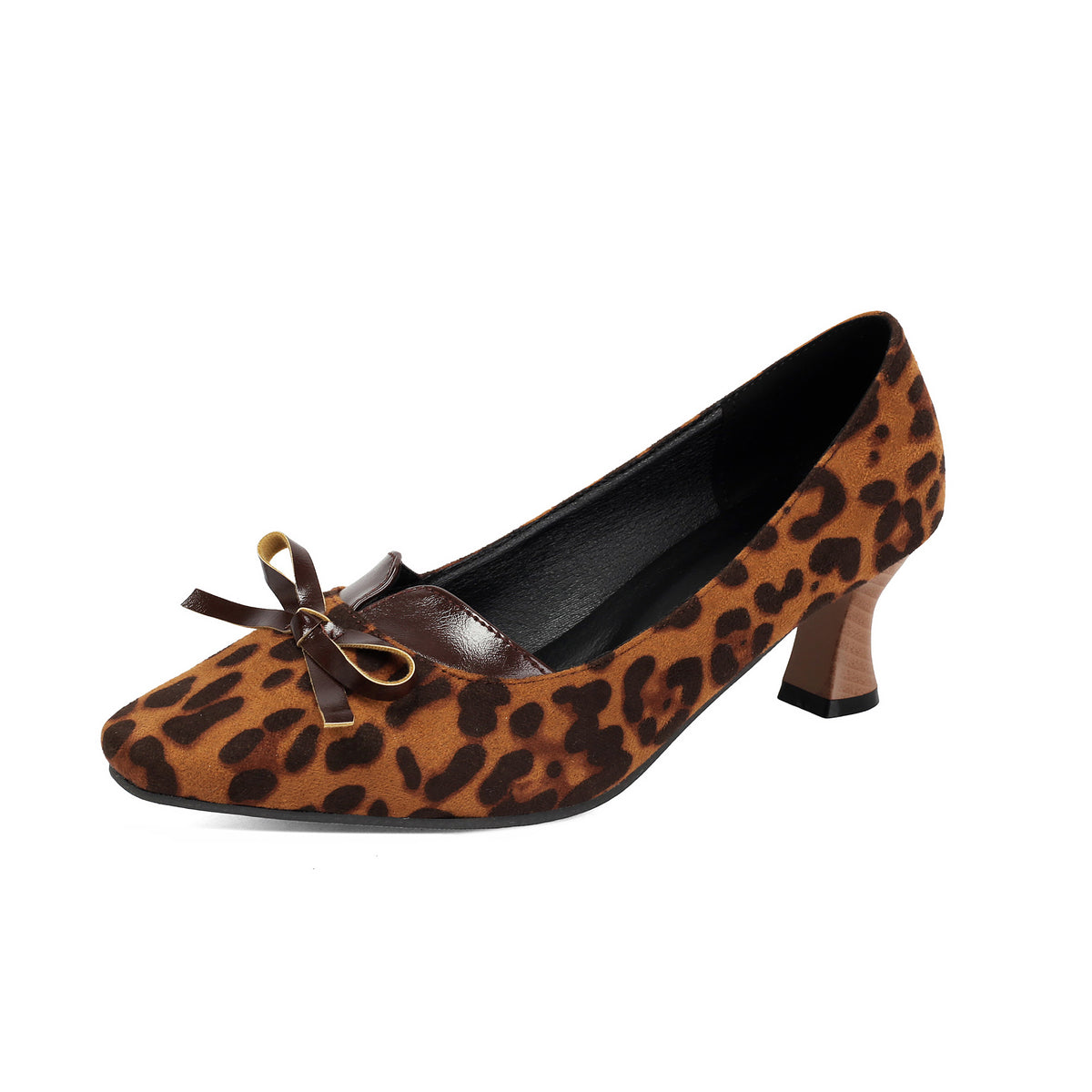 Leopard print square toe high-heeled women's retro shallow bow single shoes Made to order, ships in 7 days