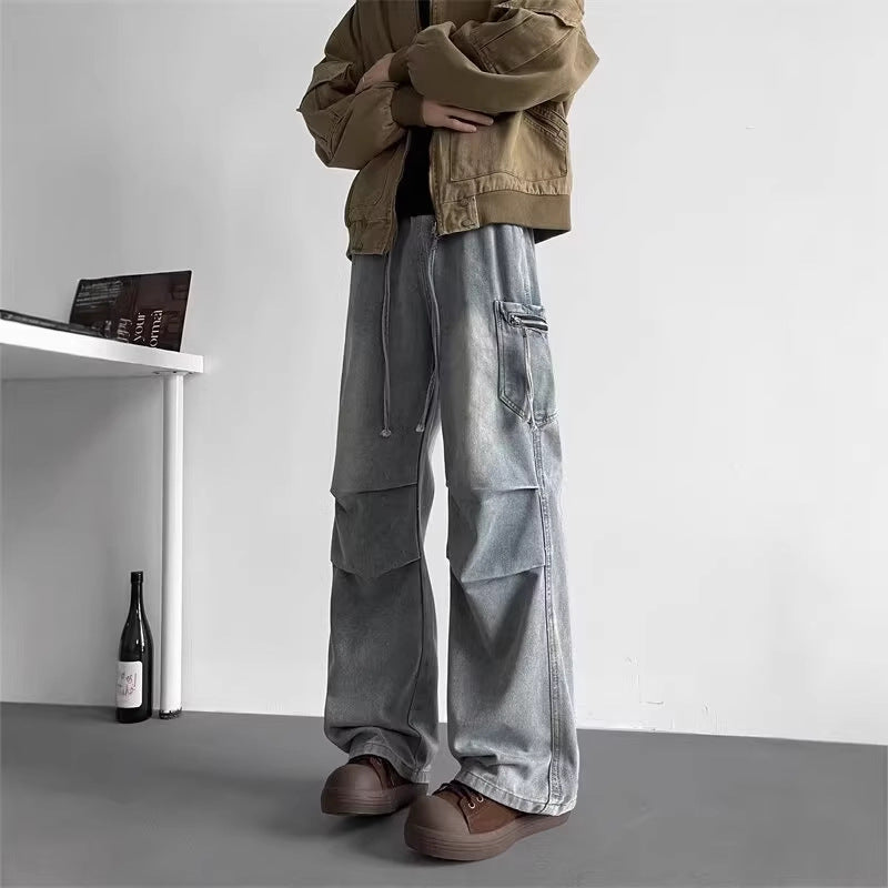 Wide Leg Cargo Denim Pants Men
