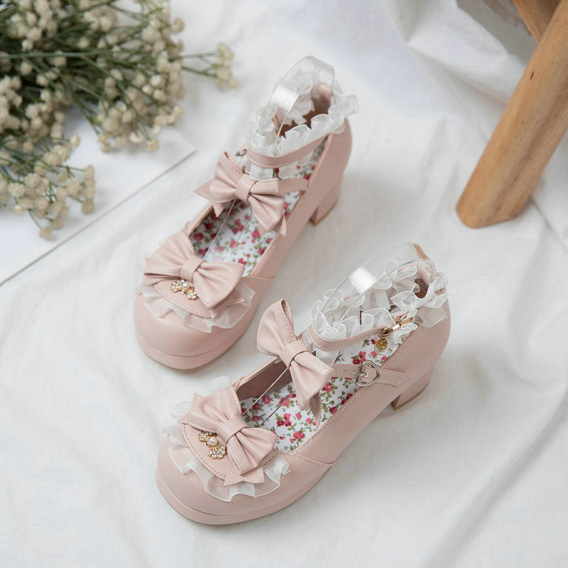 Lolita women's shoes bow shallow mouth cute girl round head with middle heel loli single shoes