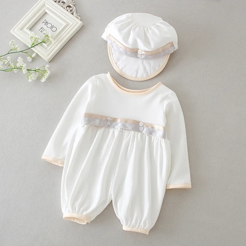 baby boy clothes white baptism baby romper set with hat turndown collar newborn first boy birthday clothing 3-24M