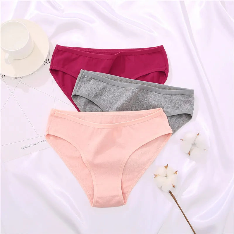 3PCS/Set Cotton Panties Women's Briefs Jacquard Design Solid Color Underpants S-XL