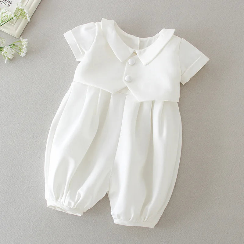 baby boy clothes white baptism baby romper set with hat turndown collar newborn first boy birthday clothing 3-24M