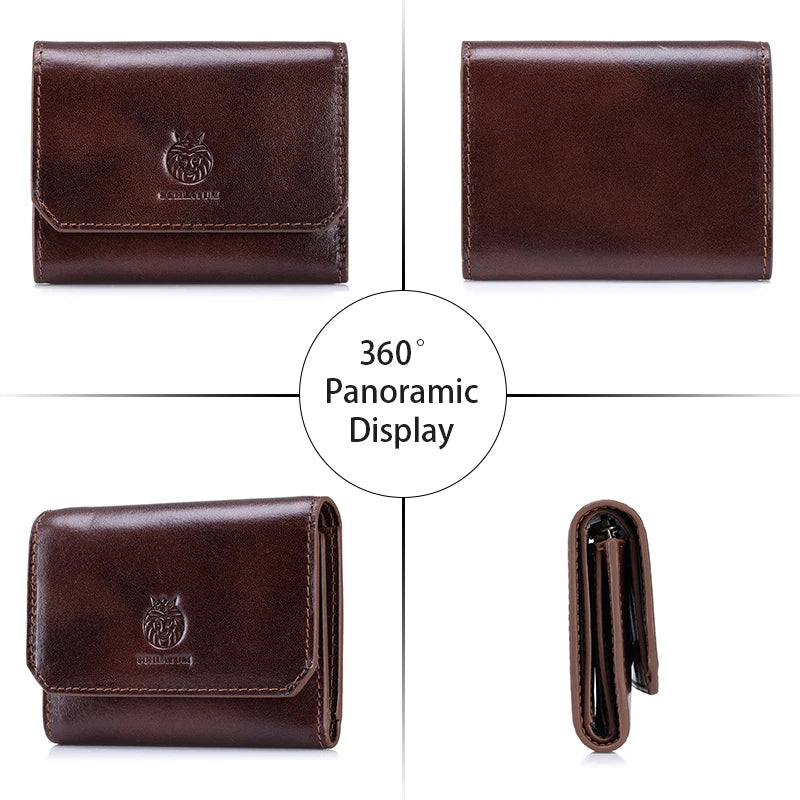 Genuine Leather Wallet for Men Minimalist Tri-Fold Purse with RFID Protection Zipper Coin Pocket Credit Card Slots