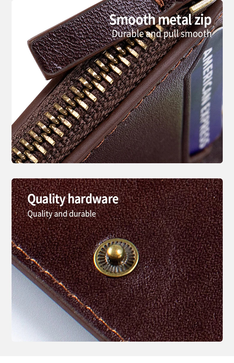 Genuine Leather Wallet for Men Minimalist Tri-Fold Purse with RFID Protection Zipper Coin Pocket Credit Card Slots