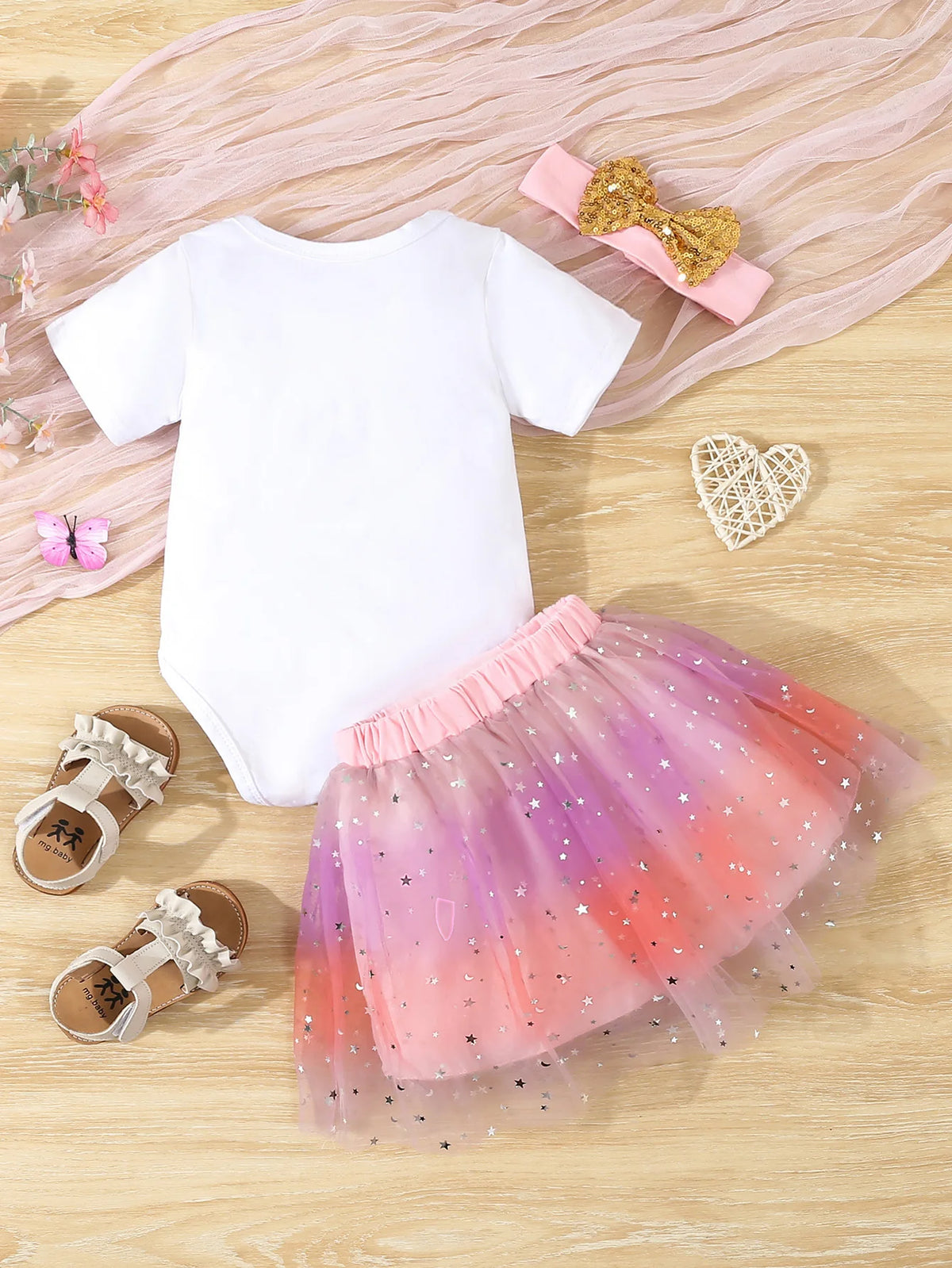 Baby Girl Clothes Cute 1st Birthday Print Outfit Bodysuit Sequin Bowknot Mesh Tutu Skirt 3Pcs Toddler Girls Clothing Set